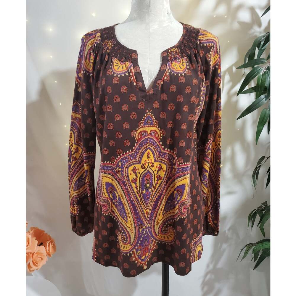 Vtg Lucky Brand Womens Split Neck Paisley Peasant Blouse Top Size L Boho Hippie